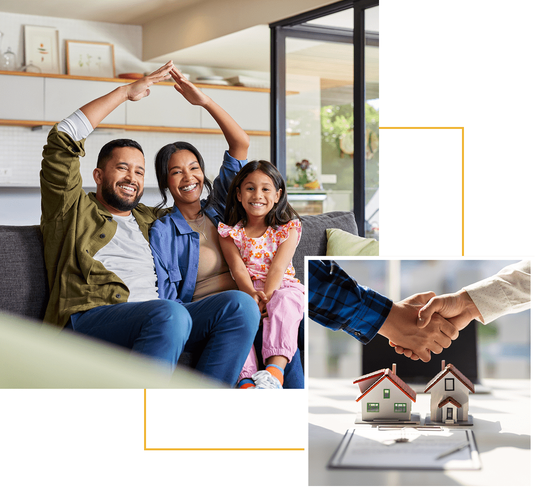 Happy family on couch, handshake over houses.